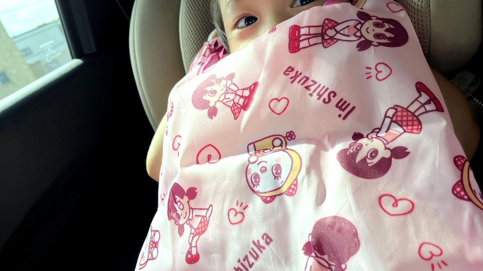 チャイルドシートで布を被る子ども